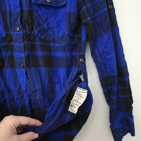 Matchstick Flannel Shirt Blue Plaid Roll Tab Sides Soft Womens Small - Picture 7 of 11
